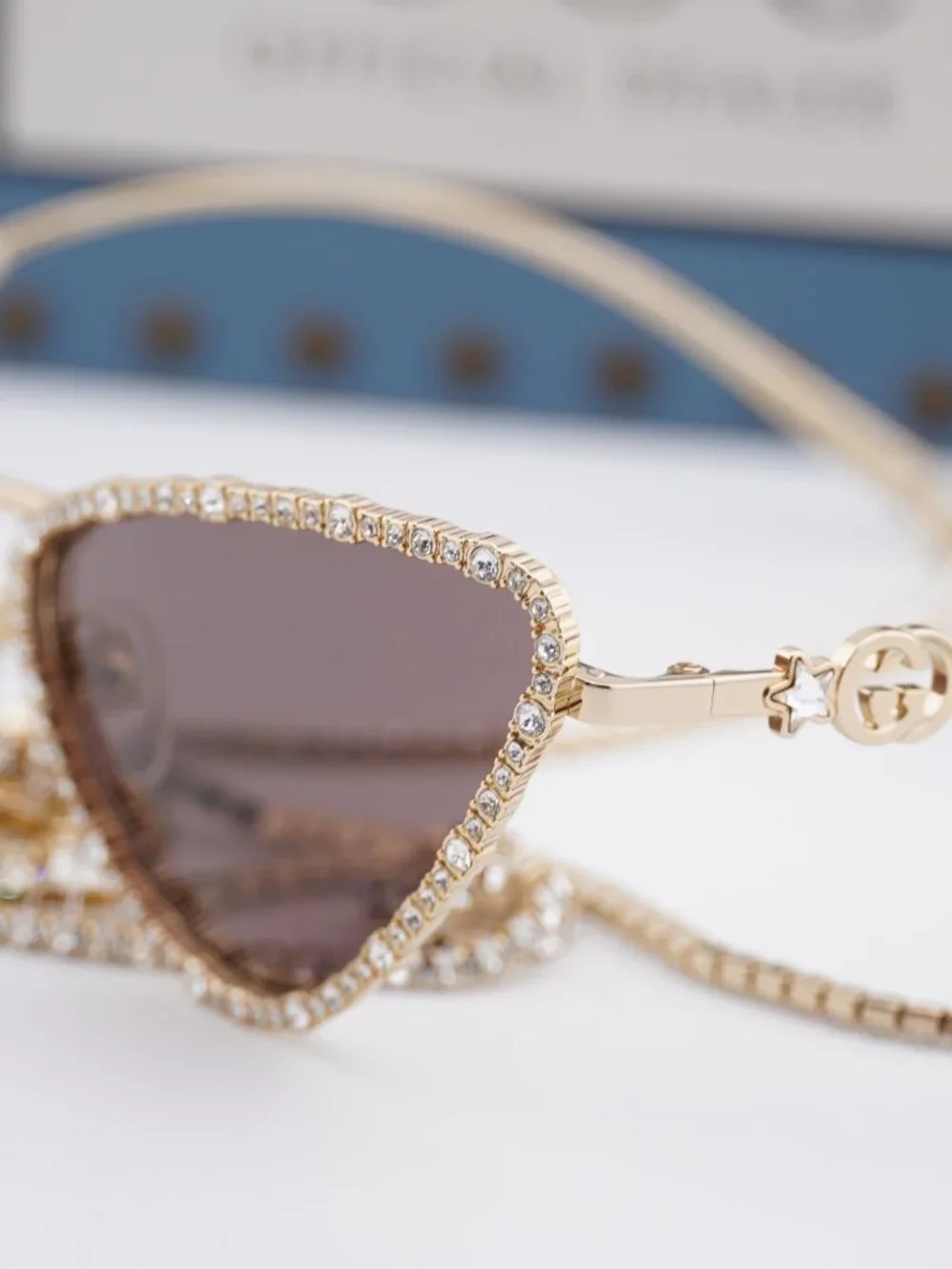 Gucci GG1569S 001 Cat Eye Sunglasses - Gold with White Stone / Brown